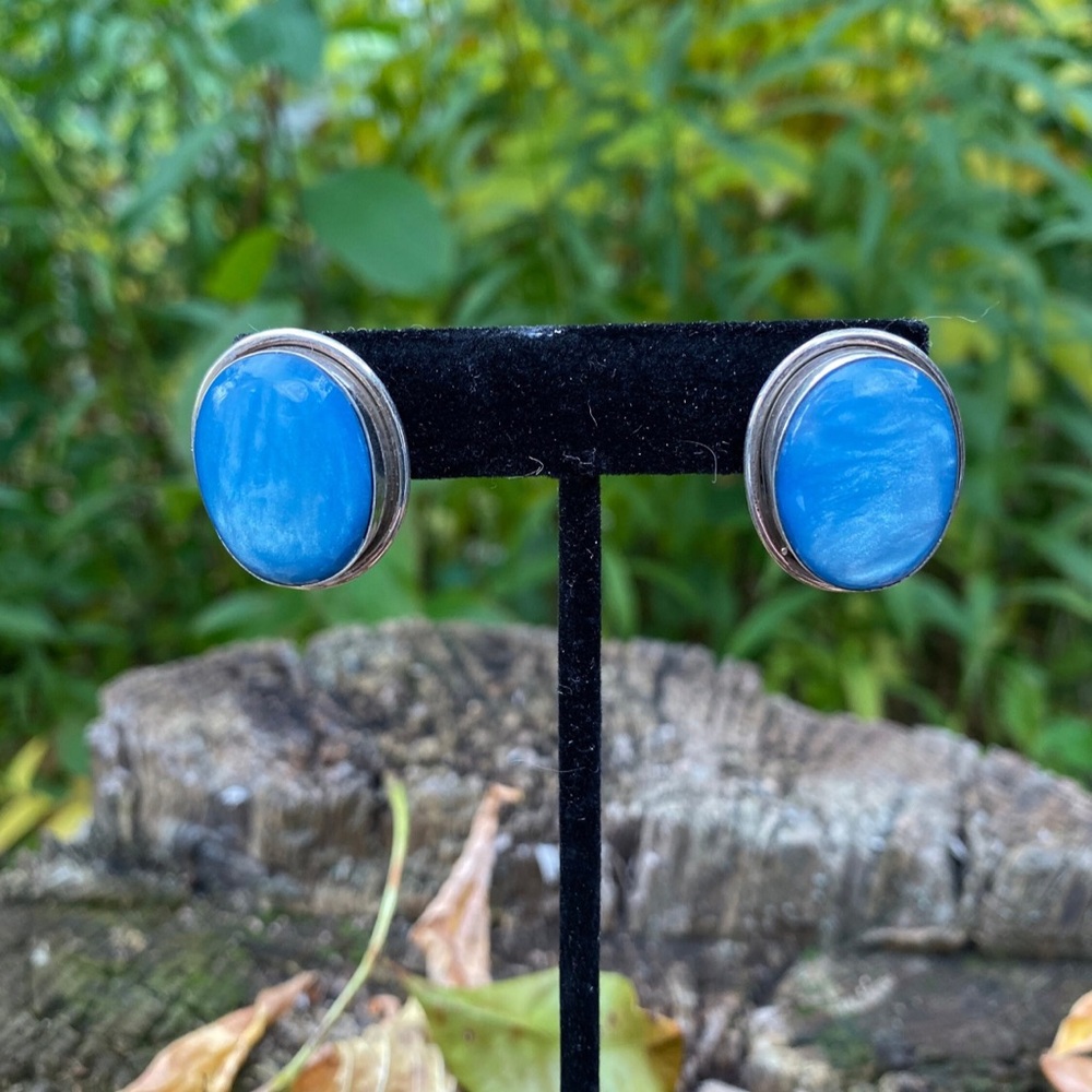 Taxco Sterling Silver and Shimmering Blue Oval Earrings Vintage Made in Mexico